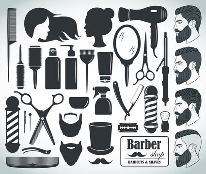 Set of beauty hair salon or barbershop accessories icons. Vector illustration  