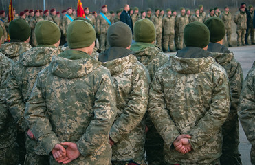 Army parade, military uniform soldier row march