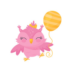 Fototapeta premium Lovely pink owlet with balloon, cute bird cartoon character, design element for Birthday party vector Illustration
