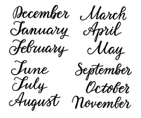 Digital calligraphy set of months of the year. Handwritten names of months.