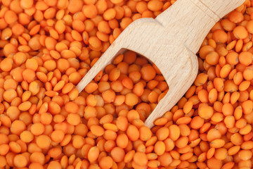 Red lentils in the wooden spoon, healthy food