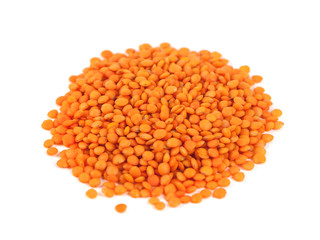 pile red lentils isolated on white background