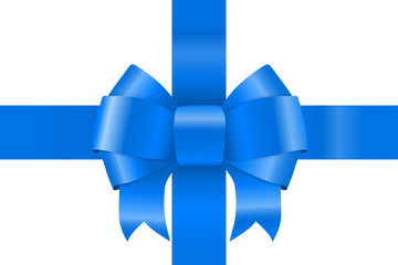 Blue silk ribbon bow. Shiny 3d wrapping decoration