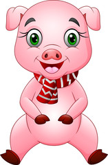 Cartoon happy pig wearing a red scarf