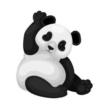 Adorable panda sitting on the ground and scratching ear. Tropical mammal animal. Flat vector design