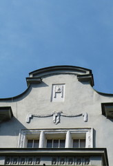 Pediment of a building typical of Prague, Czech Republic
