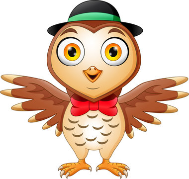 Cute owl cartoon wearing hat and red bow