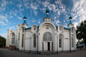 Fototapeta na wymiar Holy Resurrection Cathedral, Bishkek, Kyrgyzstan. Panoramatic photo with fish-eye effect