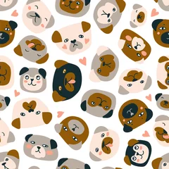 Wallpaper murals Dogs Cute vector seamless pattern with heads of dogs isolated on the white background. Funny pugs fabric design.