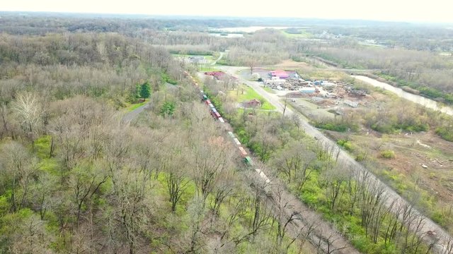A sky view of the cargo train leaving ST. Louis Missouri as it goes through Illinois making its way East bound.