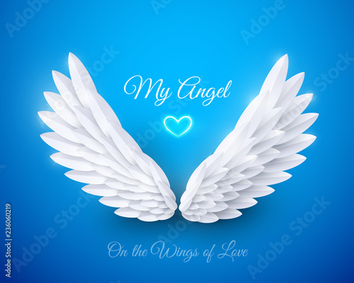 Download "Vector 3d white realistic layered paper cut wings on blue ...
