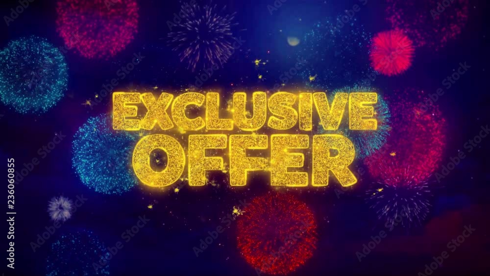 Poster exclusive offer greeting text with particles and sparks colored bokeh fireworks display 4k. for gree
