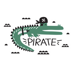 Background, crocodile - pirate, english text. Colorful poster design. Backdrop vector with reptile. Decorative illustration. Save the date card. Animal