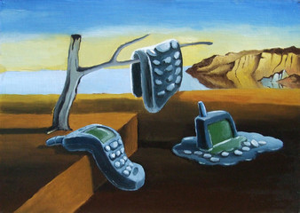 Insufficient memory.
Parody, imitation Dali. Curved cell phones. Illustration, oil on cardboard.