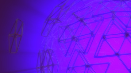 Abstract 3d rendering concept of high poly sphere with chaotic mesh grid cellular mulecular structure. Sci-fi background with polygonal shape in empty space with light god rays. Futuristic design bio 