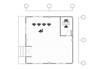Top view, black and white outline drawing, office plan simple flat with line grid, vector illustration