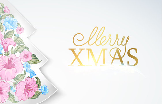 Chrismas fir tree with pink tropical flowers inside. Happy new year card design. Vector illustration.