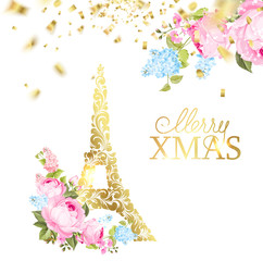 Fototapeta na wymiar Happy new year card over gray background with golden sparks. Eiffel tower with Golden confetti isolated over gray background and sign Merry Xmas. Vector illustration.