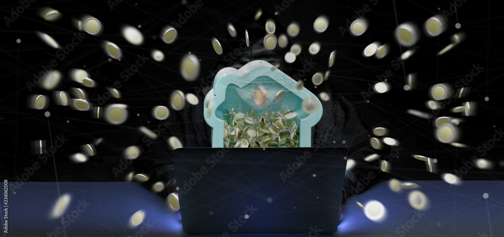 Poster hacker man holding a house moneybox with coin surrounding all over 3d rendering