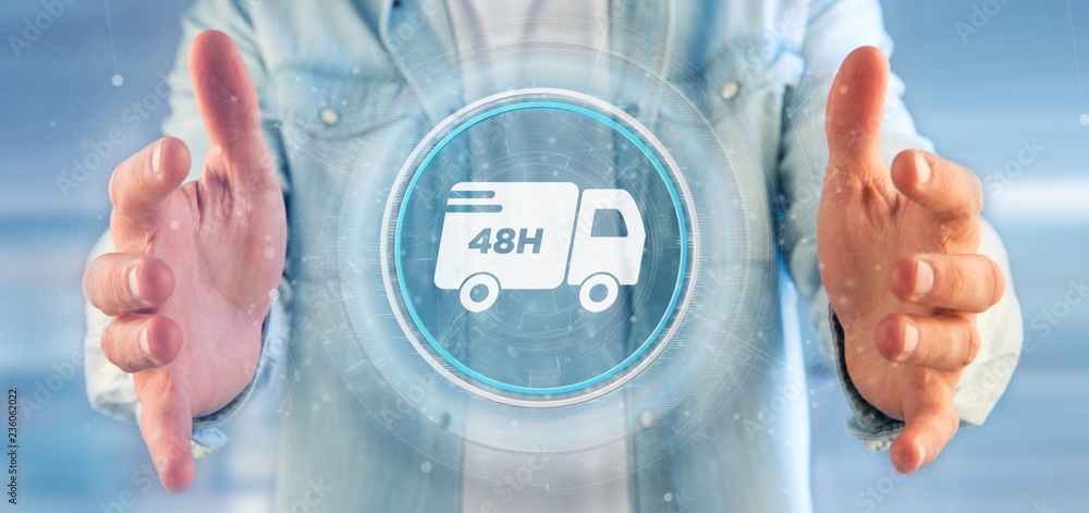 Poster businessman holding a fast delivery button with connection 3d rendering