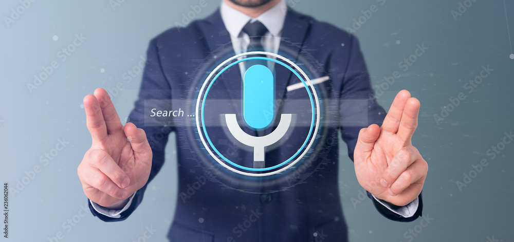 Poster businessman holding a vocal search system with button and icon3d rendering