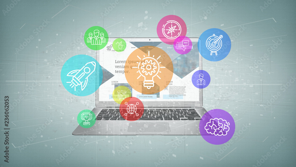 Poster view of a cloud of colorfull start up icon bubble with a laptop 3d rendering