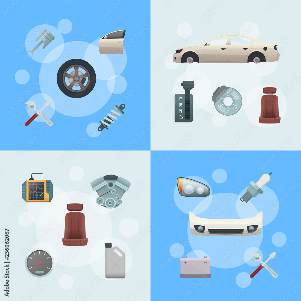 Sticker vector car parts infographic concept illustration of set. web banner collection