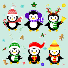 Set of six lucky Christmas penguin character in different hats and accessories. Celebrates New Year and Christmas. Cartoon style, vector