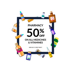 Vector pharmacy medicine bottles flying around frame with place for text illustration isolated on white background