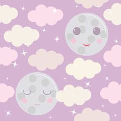 Night sky vector pattern. Cute smiling moon, stars, clouds background.