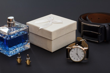Set of men accessories in business style and gift box. Luxury businessman attributes.