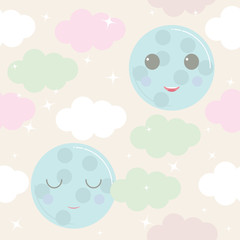 Cute sky pattern. vector design with smiling, sleeping moon, stars and clouds.