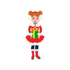 Cute little girl in winter coat with present. Vector illustration in cartoon style can use for Christmas greeting card, invitation, T-shirt, interior design