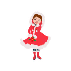Cute little girl in winter coat with poinsettia. Vector illustration can use for Christmas greeting card, invitation, T-shirt, interior design.
