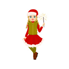 Cute little girl in winter coat with  Bengal lights. Christmas and New Year vector illustration. Cartoon style.