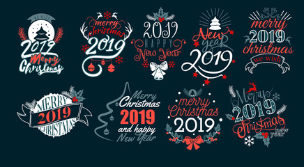 Fototapeta na wymiar Merry Christmas and Happy New Year 2019 lettering text logo set