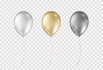 Balloons isolated on transparent background.  Vector realistic gold, silver, black festive 3d helium ballons mockup for anniversary, birthday party design. © Kindlena