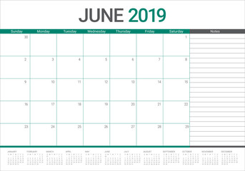 June 2019 desk calendar vector illustration