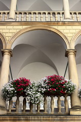 View of Italian courtyard loggia arcade of the Korniakt palace (kamienica Królewska) on old town in the center of Lvov © watcherfox