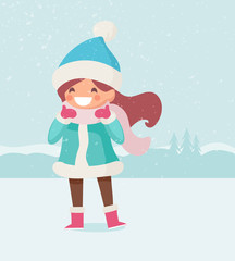 Children outdoors. Winter time, snowy weather. Kid in warm clothes. Flat vector illustration, cartoon style.