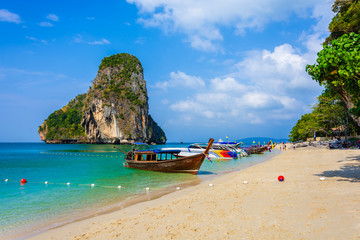 Beautiful scenery photo of deep blue sky , green color sea of andaman ocean at Krabi Thailand.