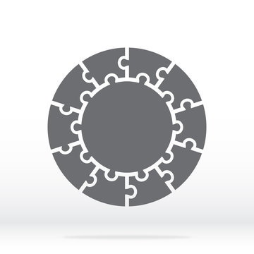 Simple icon circle puzzle in gray. Simple icon circle puzzle of the ten elements and center on gray background. Flat design. Vector illustration EPS10.
