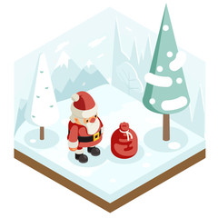 Cartoon santa claus grandfather frost gift bag new year christmas forest wood background isometric 3d flat design vector illustration