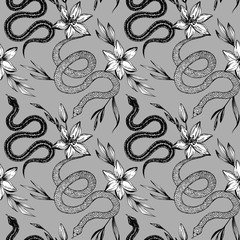 Seamless pattern. Hand drawn ink snake and lilies flowers, vector illustration. Snake silhouette illustration. Graphic sketch for print, patterns, clothes, fashion design, background, decor, textile.
