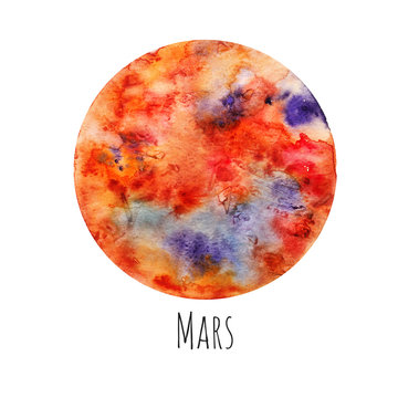 Planet Mars. Watercolor illustration on white isolated background