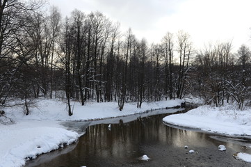 Churilikha river in Kuzminki-Lyublino park in Moscow in winter