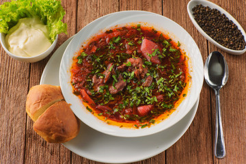 Delicious borscht with lamb, beetroot, herbs and spices
