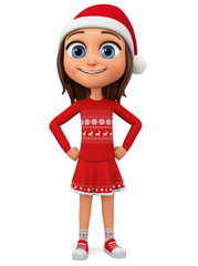 Character cartoon girl in Christmas clothes on a white background. 3d rendering. Illustration for advertis