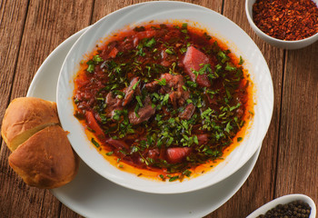 Delicious borscht with lamb, beetroot, herbs and spices