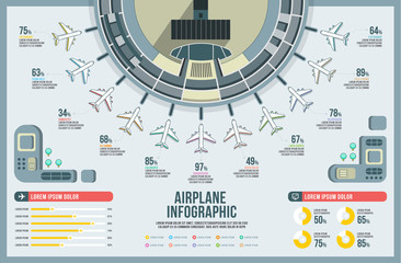 Airplane infographic set vector, design building, icon graphic transport, airline chart modern, landscape, airport presentation diagram.